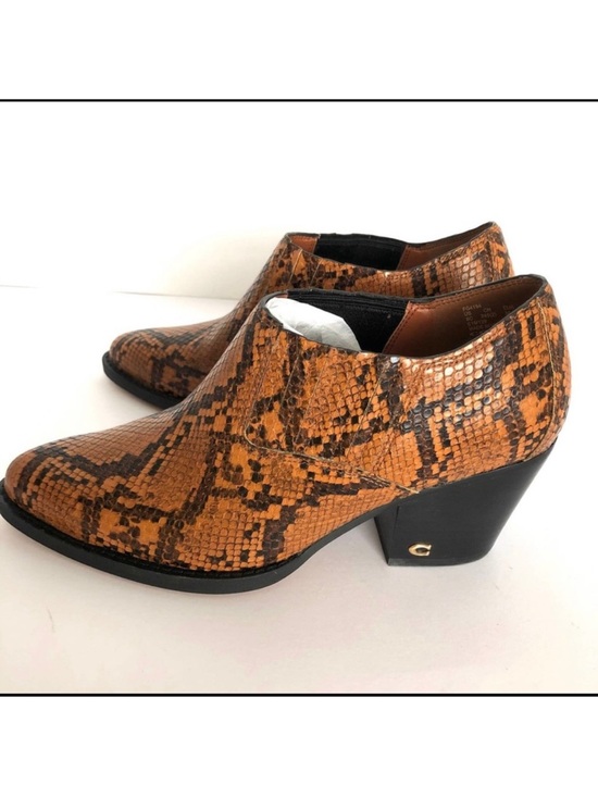Coach Shoes - Coach Perri Caramel Snake-Print Ankle Booties with Low Block Heel, 9.5